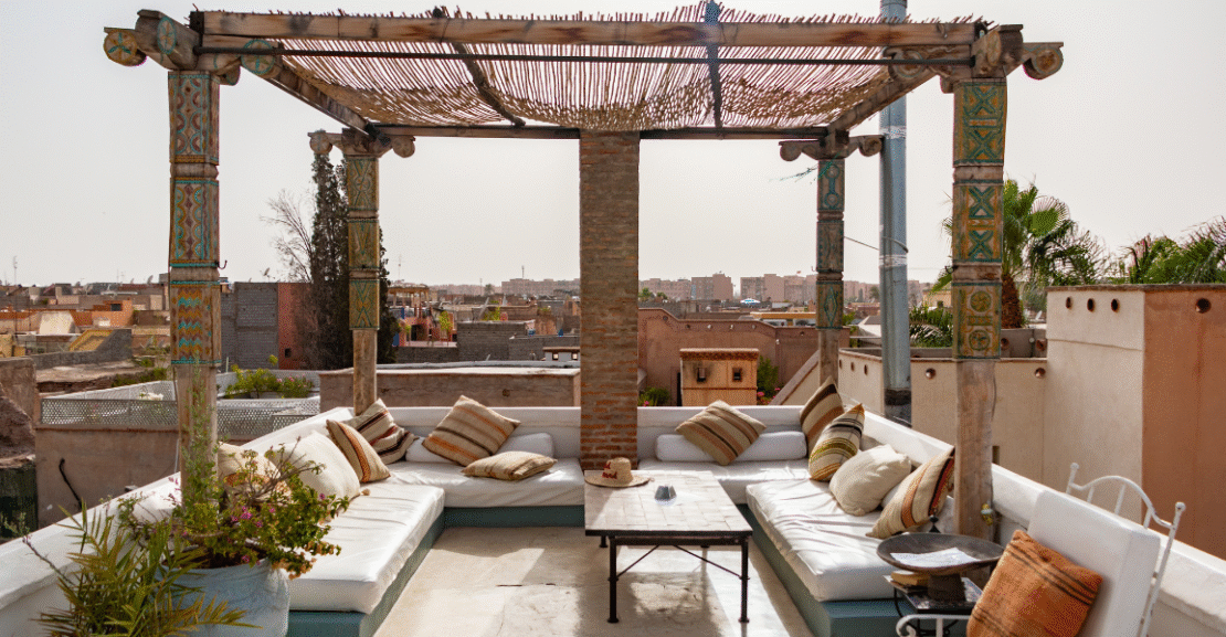 Moroccan riad with sunlight casting beautiful shadows for photography