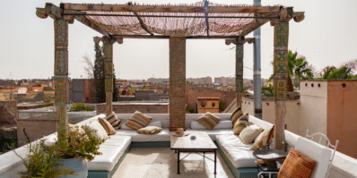 Moroccan riad with sunlight casting beautiful shadows for photography