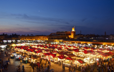 Bustling view of Jamaa El Fna square in Marrakech, Morocco