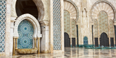 Interior of Hassan II Mosque in Casablanca with fountain