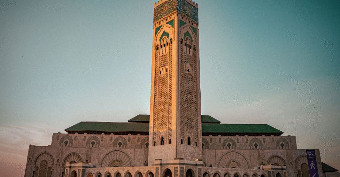 Casablanca Hassan II Mosque at sunset – iconic landmark for Morocco road trips