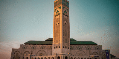 Casablanca Hassan II Mosque at sunset – iconic landmark for Morocco road trips