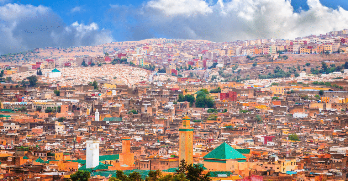 Aerial view of Fez, Morocco showing the Medina and historic rooftops