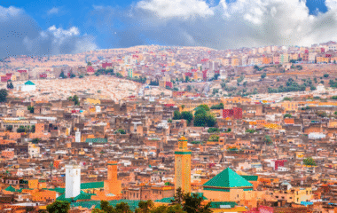 Aerial view of Fez, Morocco showing the Medina and historic rooftops
