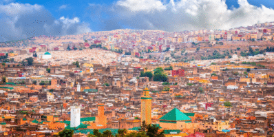 Aerial view of Fez, Morocco showing the Medina and historic rooftops